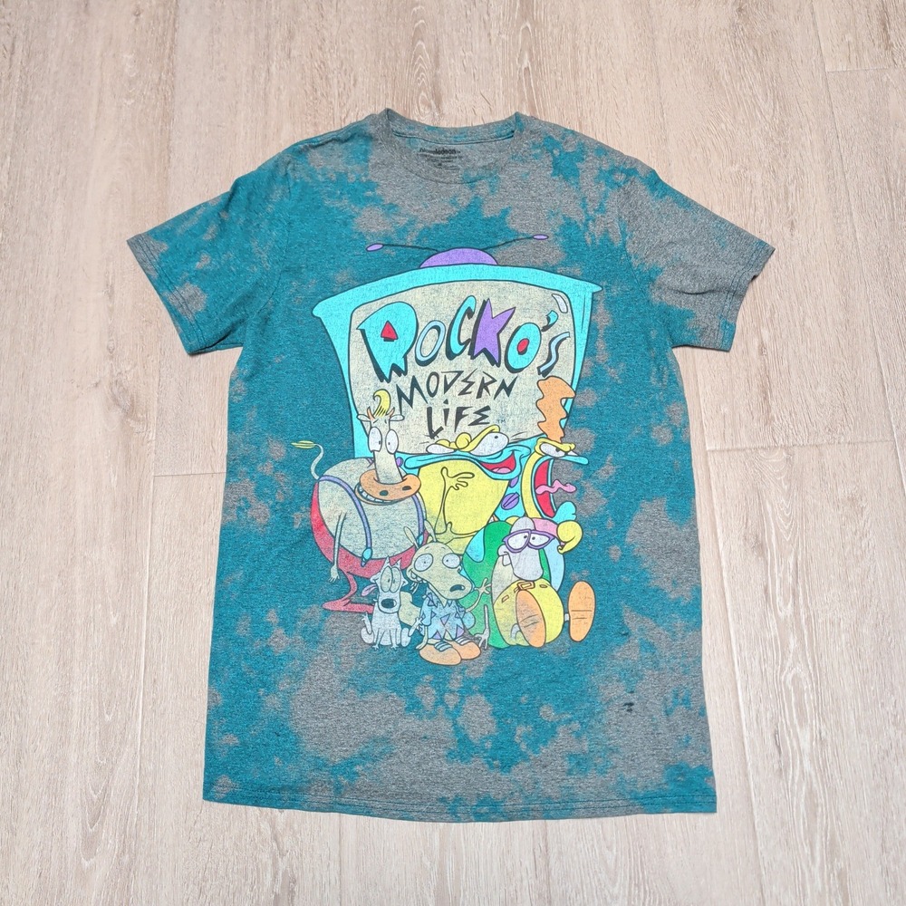 Nickelodeon Rockos Modern Life T-Shirt Womens M Teal Grey Acid Wash 90s Cartoon